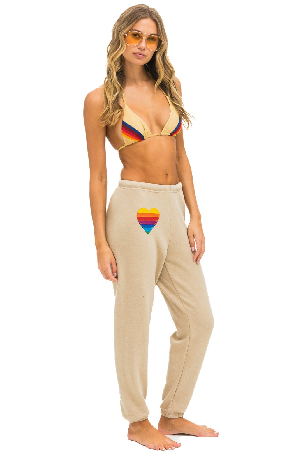 RAINBOW HEART STITCH SWEATPANTS - SAND