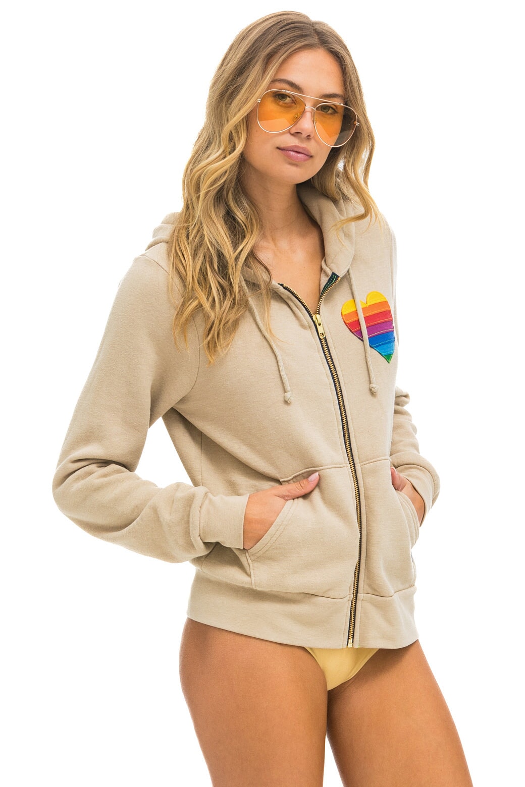 RAINBOW HEART STITCH ZIP HOODIE - SAND