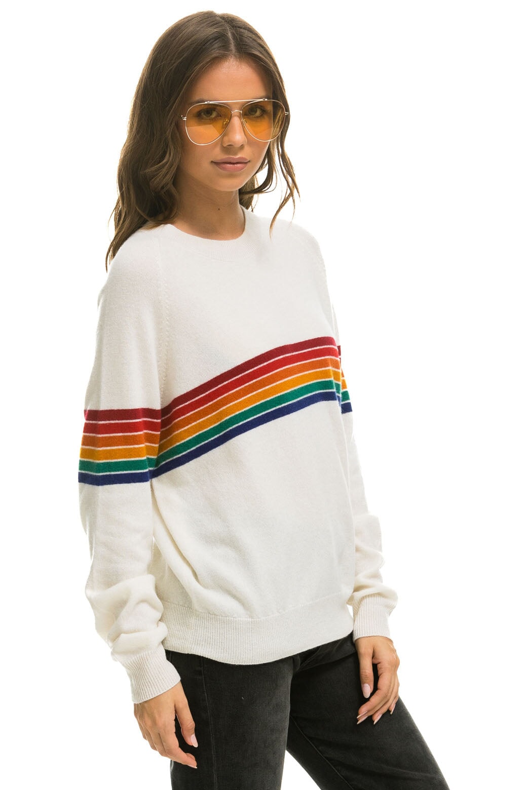 RAINBOW STRIPE 6 UNISEX LIGHT CASHMERE SWEATER - SNOW
