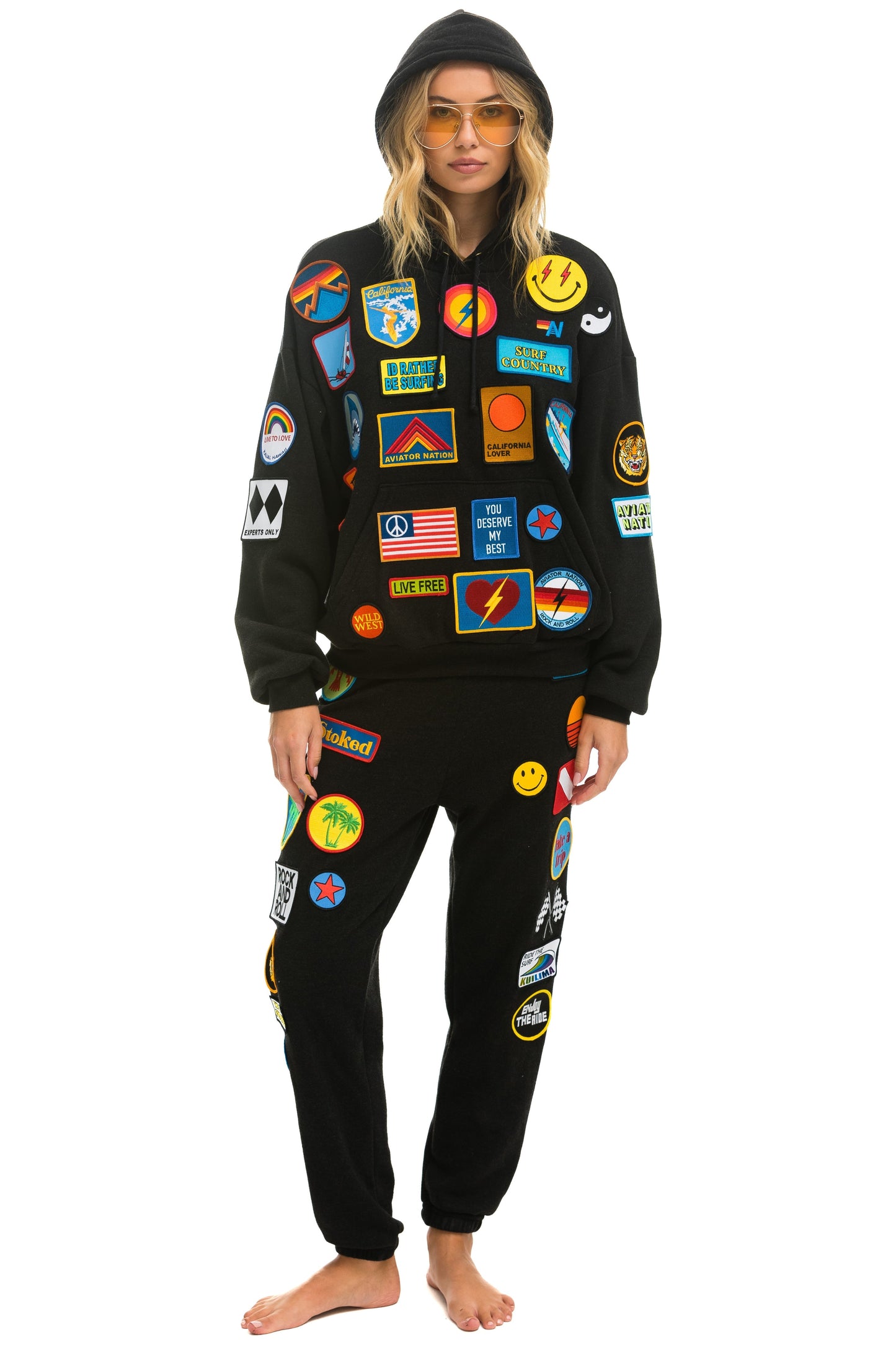 VINTAGE PATCH RELAXED PULLOVER HOODIE- BLACK