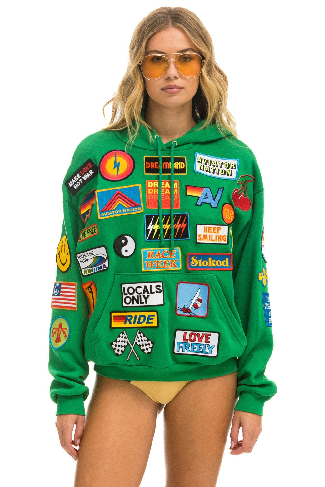 VINTAGE PATCH RELAXED PULLOVER HOODIE- KELLY GREEN